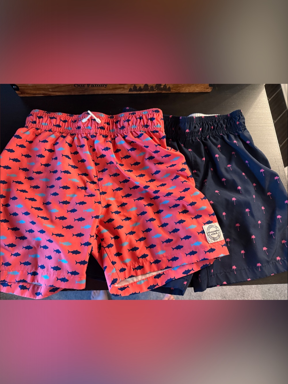 abercrombie kids Coral Swim Trunks with Navy Shark Print